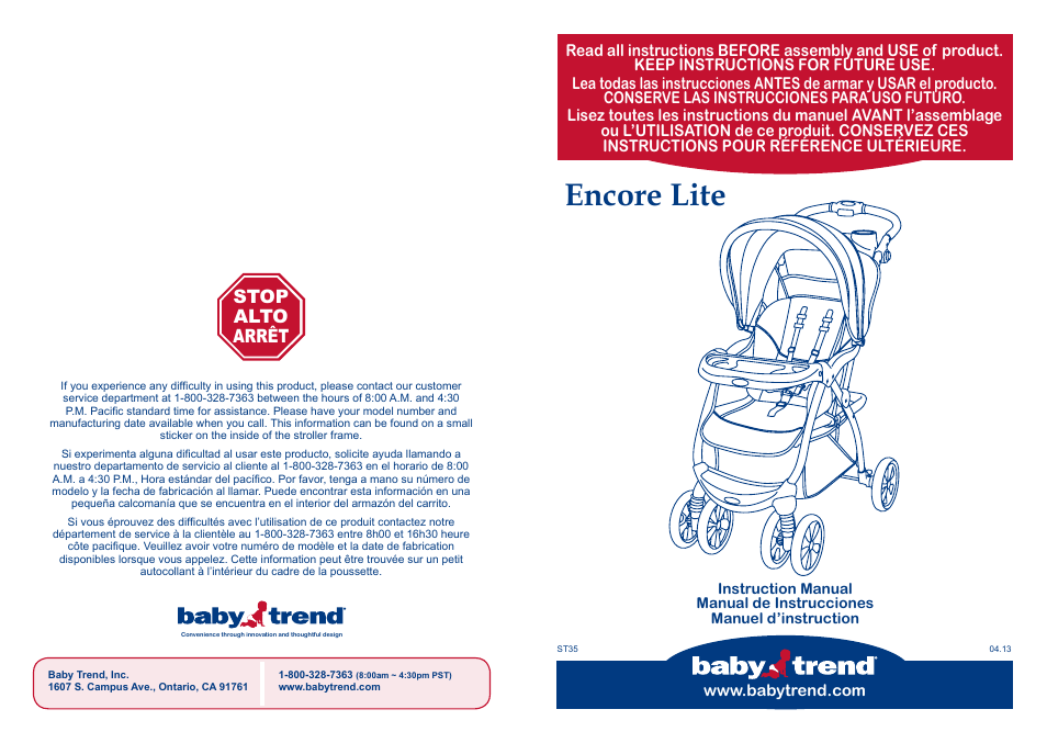 BabyTrend TS35736 - ENCORE LITE TRAVEL SYSTEM - ESTELLE User Manual | 14 pages