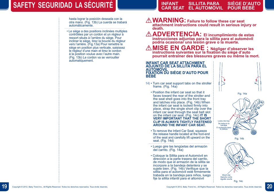 Safety seguridad la sécurité, Warning, Advertencia | Mise en garde | BabyTrend TS35736 - ENCORE LITE TRAVEL SYSTEM - ESTELLE User Manual | Page 11 / 14