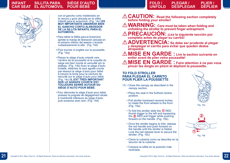 Caution, Warning, Precaución | Advertencia, Mise en garde | BabyTrend TS35736 - ENCORE LITE TRAVEL SYSTEM - ESTELLE User Manual | Page 12 / 14