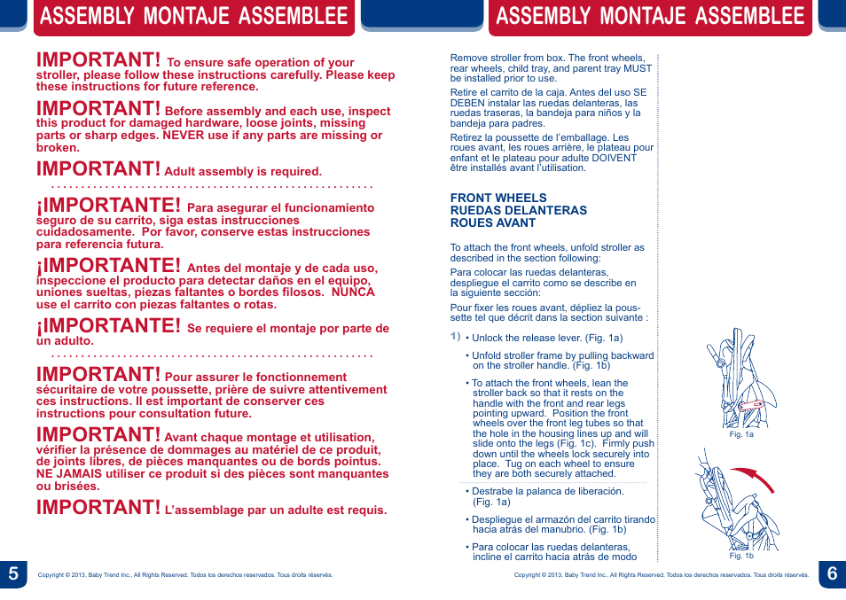 Assembly montaje assemblee, Important, Importante | BabyTrend TS35736 - ENCORE LITE TRAVEL SYSTEM - ESTELLE User Manual | Page 4 / 14