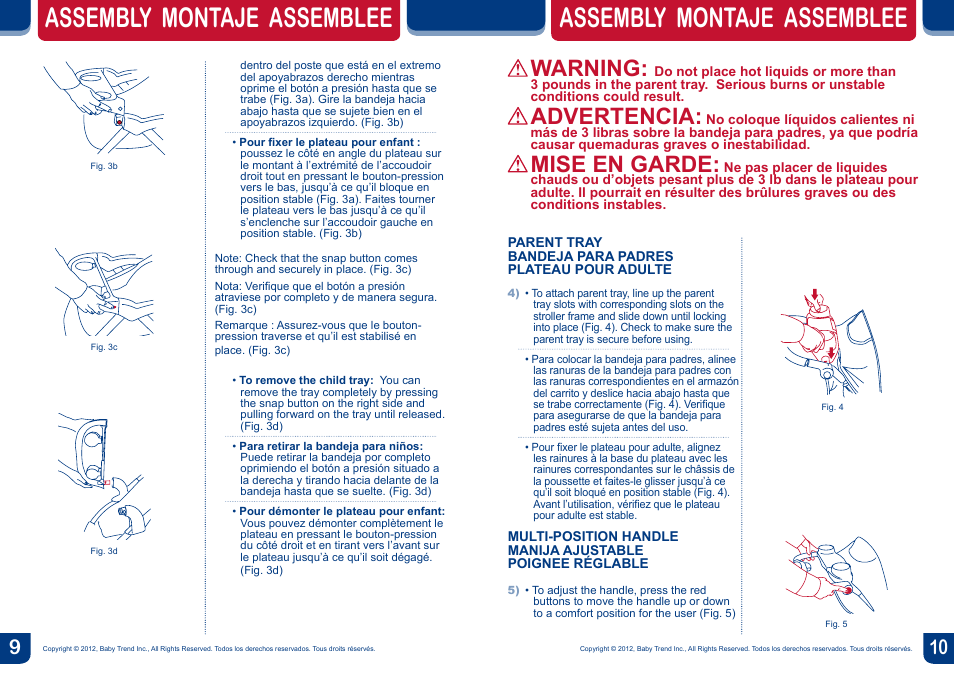 Assembly montaje assemblee, Warning, Advertencia | Mise en garde | BabyTrend TS35736 - ENCORE LITE TRAVEL SYSTEM - ESTELLE User Manual | Page 6 / 14