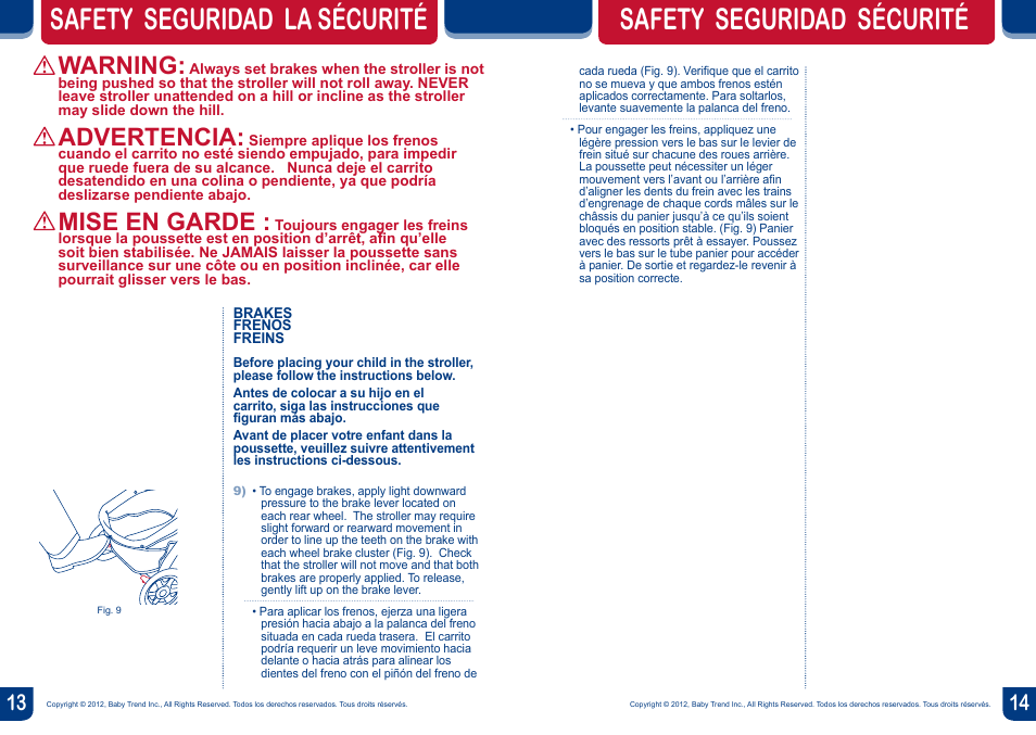 Safety seguridad la sécurité, Safety seguridad sécurité, Warning | Advertencia, Mise en garde | BabyTrend TS35736 - ENCORE LITE TRAVEL SYSTEM - ESTELLE User Manual | Page 8 / 14