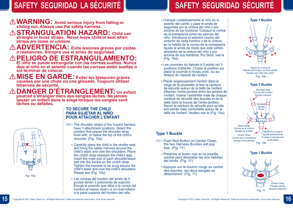 Safety seguridad la sécurité, Safety seguridad sécurité, Warning | Strangulation hazard, Advertencia, Peligro de estrangulamiento, Mise en garde, Danger d’étranglement | BabyTrend TS35736 - ENCORE LITE TRAVEL SYSTEM - ESTELLE User Manual | Page 9 / 14