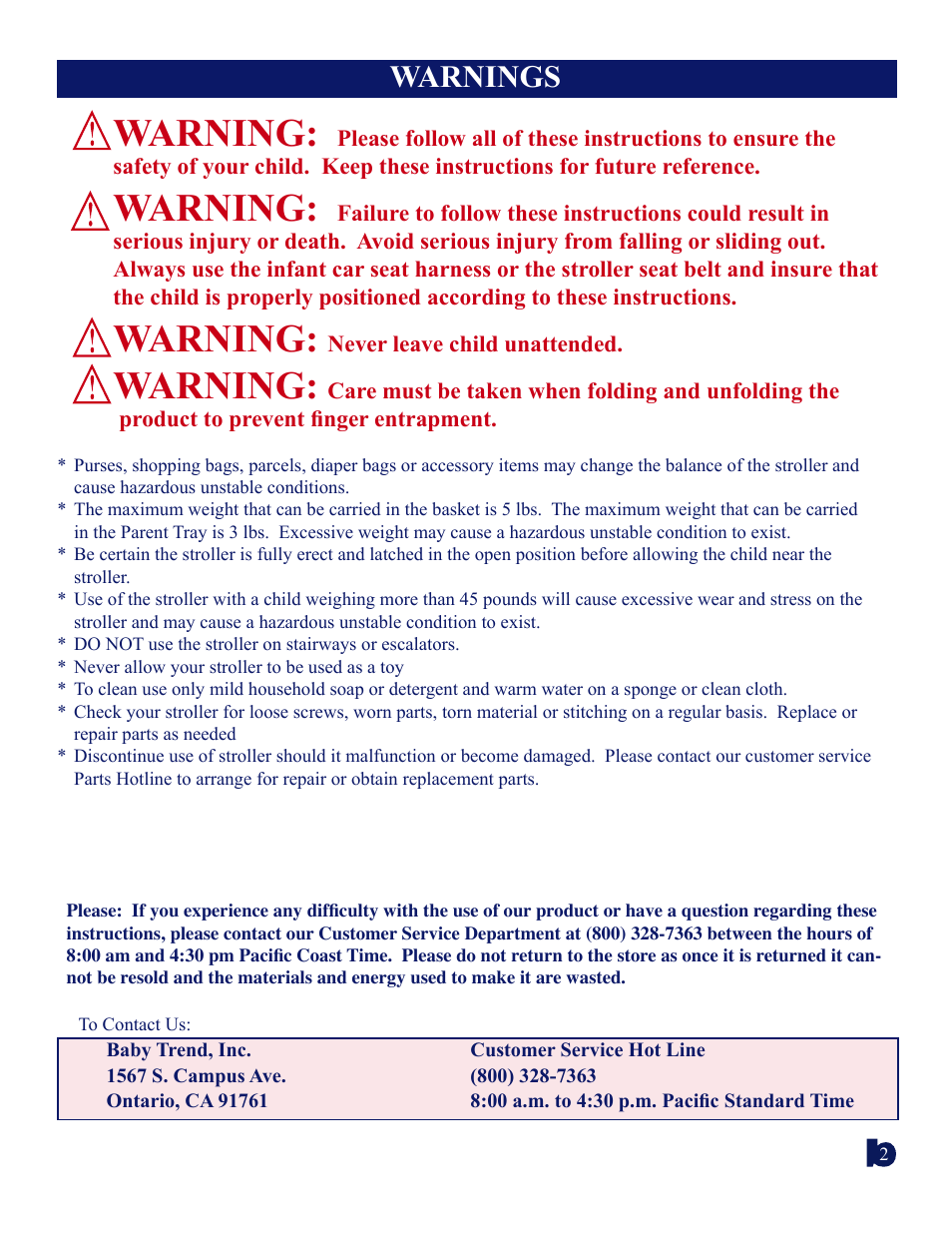 Warning, Warnings | BabyTrend 1725CT - LAUREL OAK TRAVEL SYSTEM User Manual | Page 2 / 7