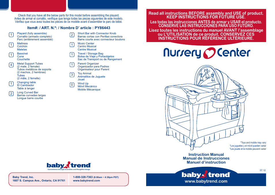BabyTrend PY86443 - DELUXE NURSERY CENTER - COLUMBIA User Manual | 20 pages