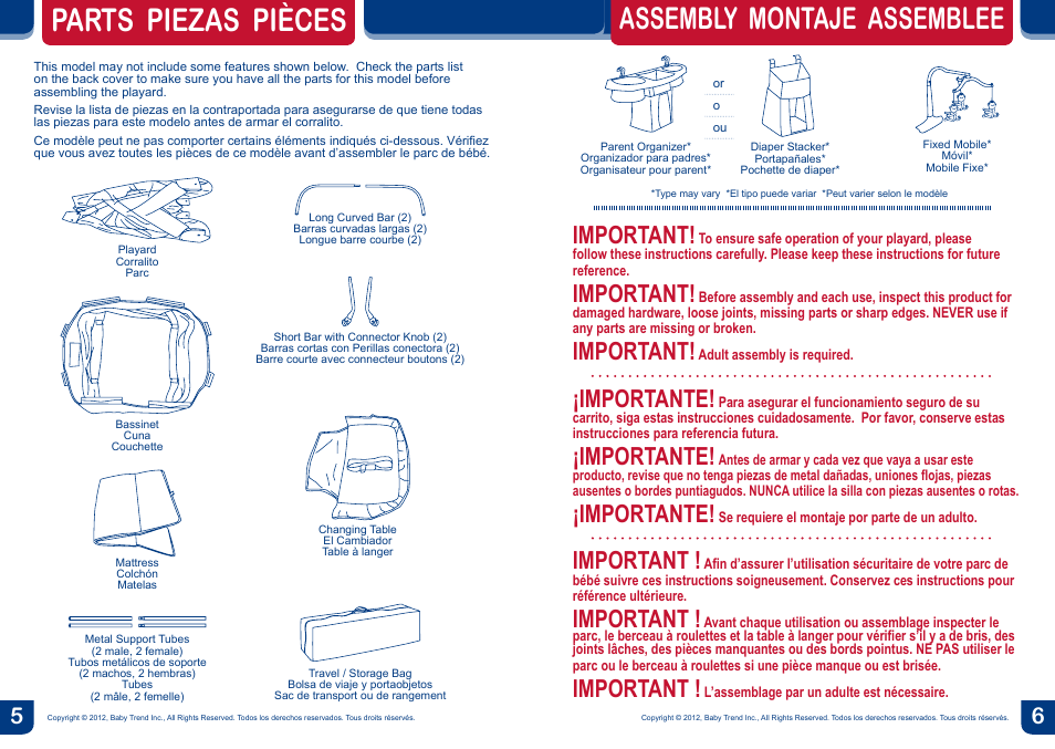 Parts piezas pièces, Assembly montaje assemblee, Important | Importante | BabyTrend PY81909 - NURSERY CENTER - UNDER THE SEA User Manual | Page 4 / 16