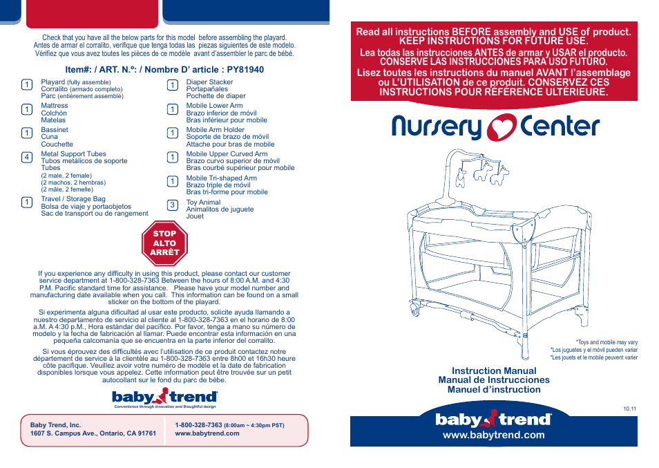 BabyTrend PY81940 - NURSERY CENTER - CORAL REEF User Manual | 12 pages