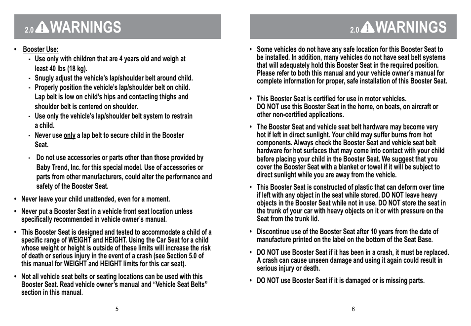 Warnings | BabyTrend LB10055 - HYBRID NO BACK BOOSTER CAR SEAT - HELLO KITTY User Manual | Page 4 / 16