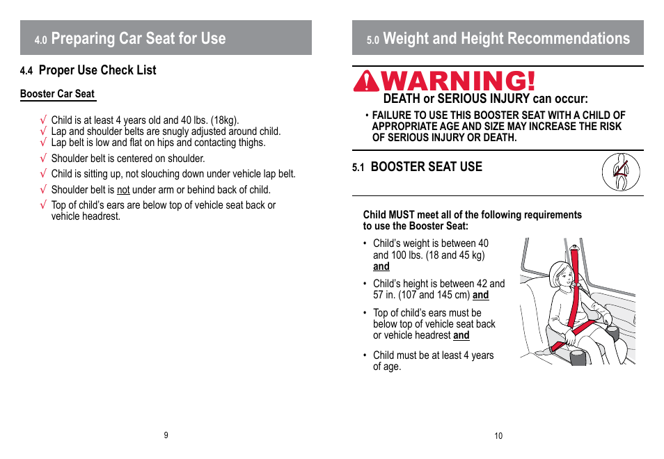 Warning, Preparing car seat for use, Weight and height recommendations | BabyTrend LB10055 - HYBRID NO BACK BOOSTER CAR SEAT - HELLO KITTY User Manual | Page 6 / 16