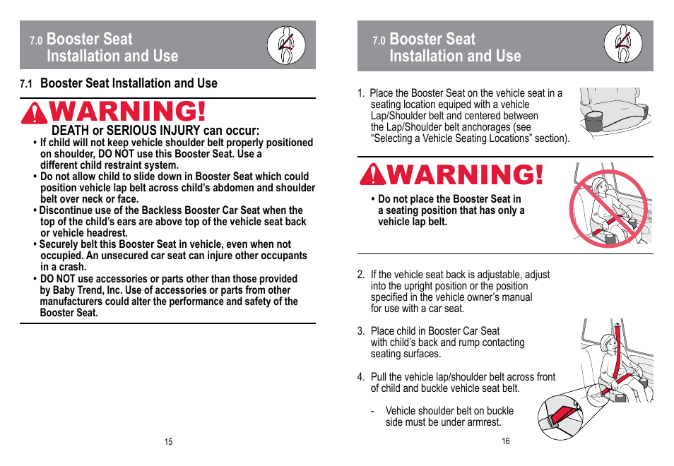 Warning, Booster seat installation and use | BabyTrend LB10055 - HYBRID NO BACK BOOSTER CAR SEAT - HELLO KITTY User Manual | Page 9 / 16