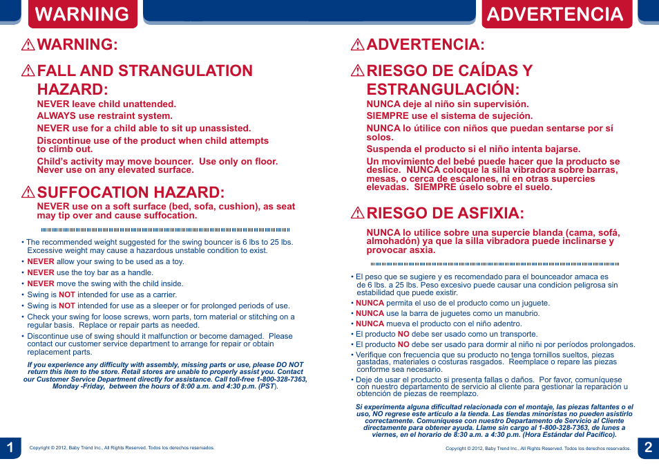 Warning, Advertencia, Warning: fall and strangulation hazard | Suffocation hazard, Advertencia: riesgo de caídas y estrangulación, Riesgo de asfixia | BabyTrend SW56940 - SWING BOUNCER - CORAL REEF User Manual | Page 2 / 8