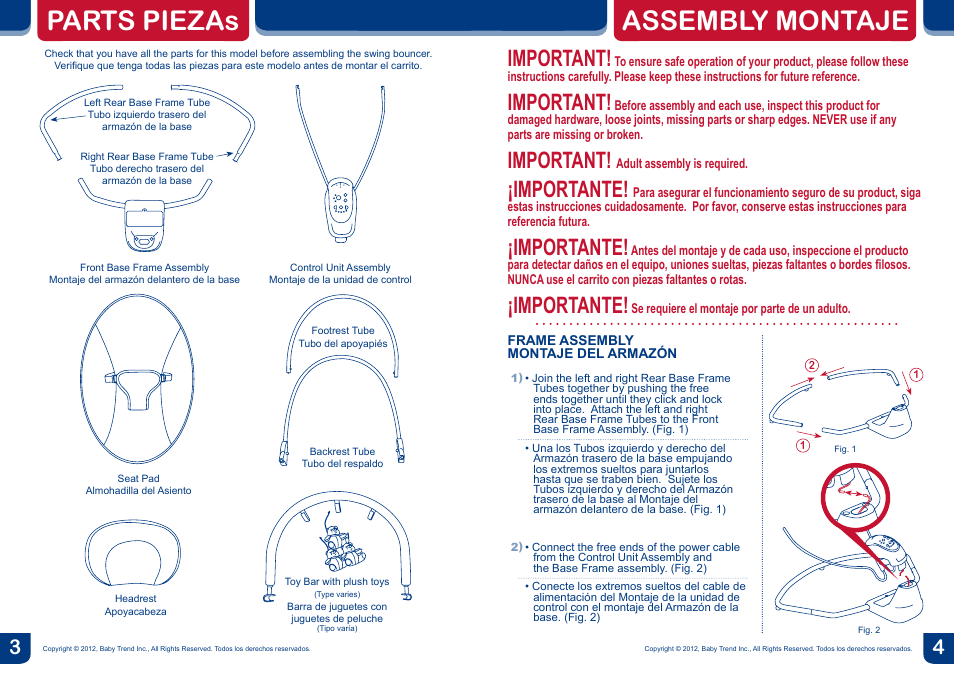Assembly montaje, Parts piezas, Important | Importante | BabyTrend SW56940 - SWING BOUNCER - CORAL REEF User Manual | Page 3 / 8