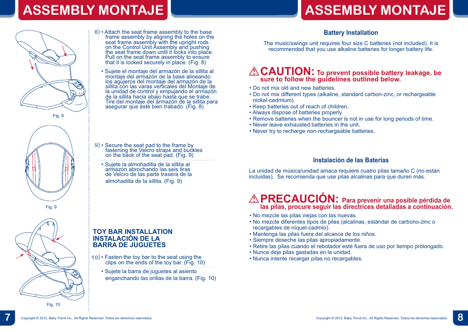Assembly montaje, Caution, Precaución | BabyTrend SW56940 - SWING BOUNCER - CORAL REEF User Manual | Page 5 / 8