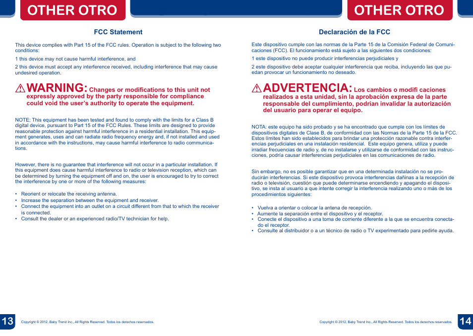 Other otro, Warning, Advertencia | BabyTrend SW56940 - SWING BOUNCER - CORAL REEF User Manual | Page 8 / 8
