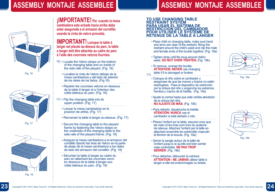 Assembly montaje assemblee, Importante, Important | BabyTrend PY81990 - NURSERY CENTER - MONKEY AROUND User Manual | Page 13 / 16