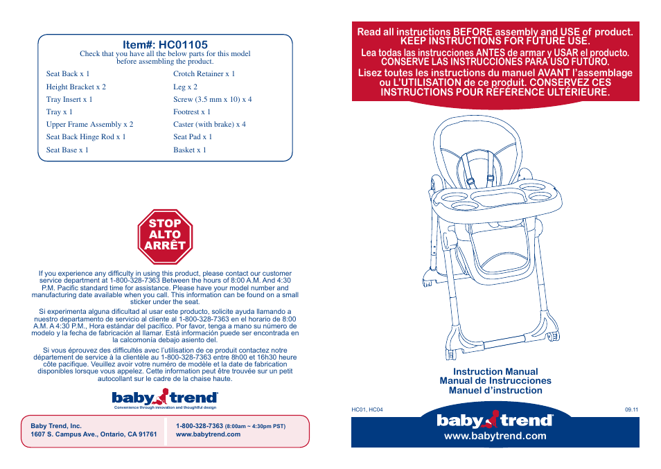 BabyTrend HC01105 - TREND HIGH CHAIR - CHERRY CHOCOLATE User Manual | 14 pages