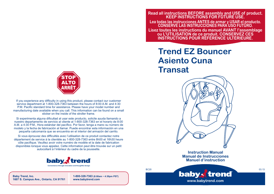 BabyTrend BC20404 - TREND EZ BOUNCER - TOSSED ANIMALS User Manual | 10 pages