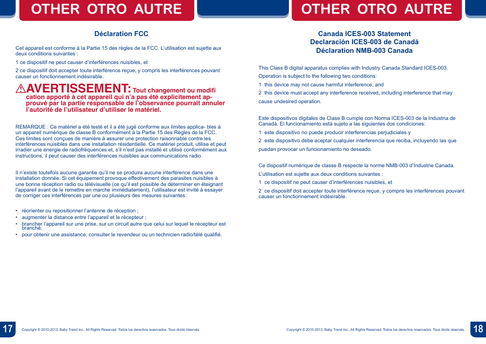 Other otro autre, Avertissement | BabyTrend BC20404 - TREND EZ BOUNCER - TOSSED ANIMALS User Manual | Page 10 / 10