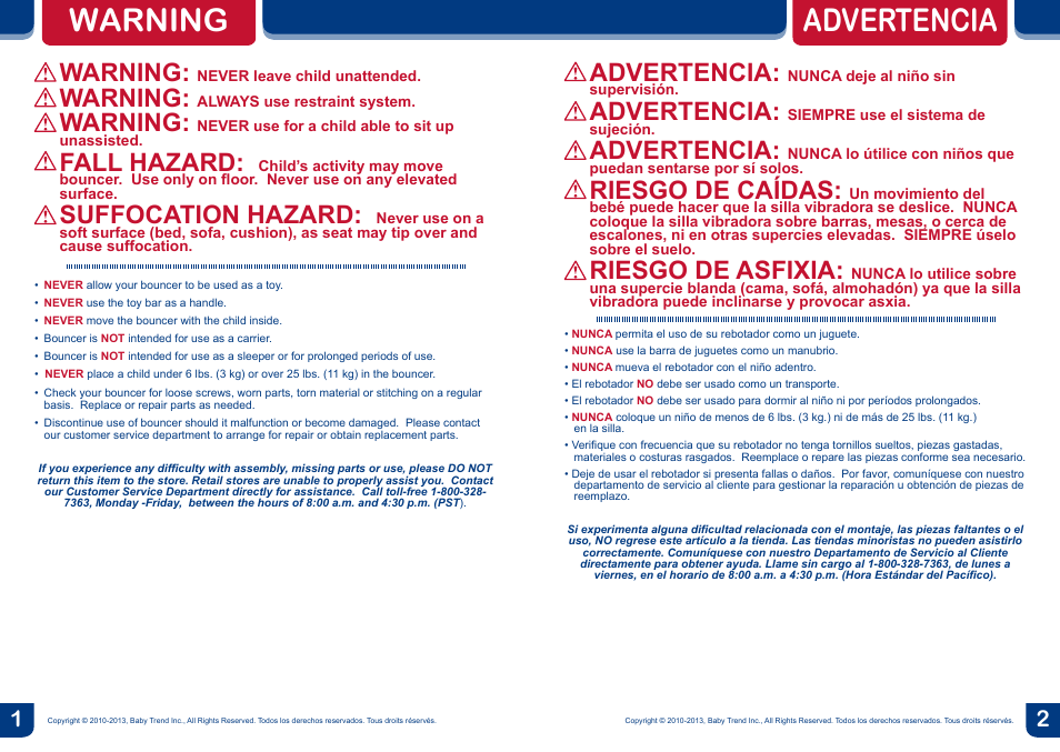 Advertencia warning, Warning, Fall hazard | Suffocation hazard, Advertencia, Riesgo de caídas, Riesgo de asfixia | BabyTrend BC20404 - TREND EZ BOUNCER - TOSSED ANIMALS User Manual | Page 2 / 10