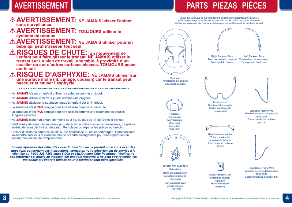 Avertissement parts piezas pièces, Avertissement, Risques de chute | Risque d’asphyxie | BabyTrend BC20404 - TREND EZ BOUNCER - TOSSED ANIMALS User Manual | Page 3 / 10