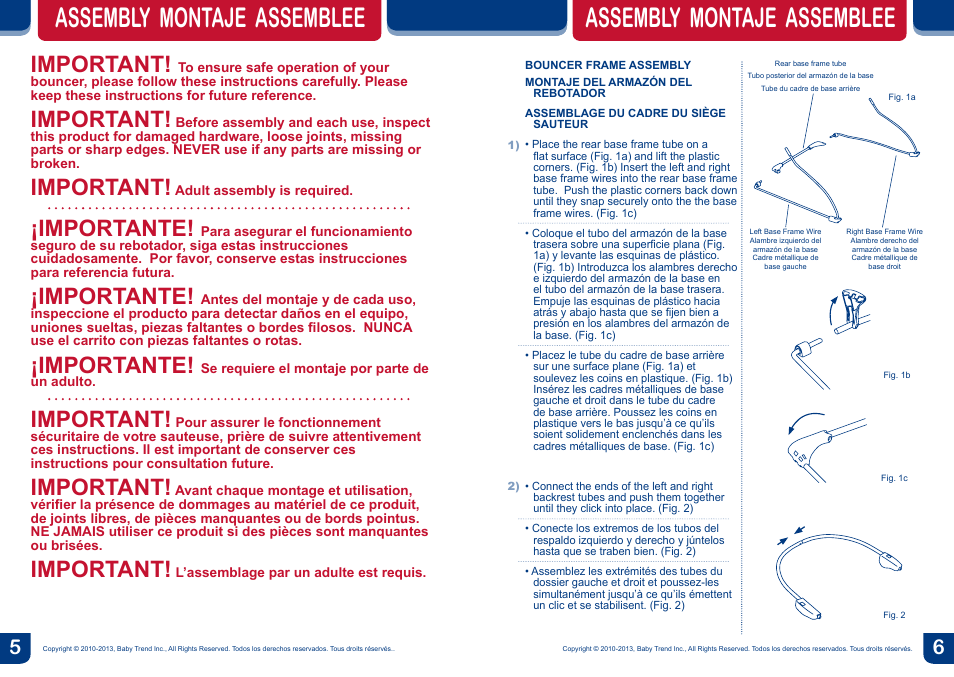 Assembly montaje assemblee, Important, Importante | BabyTrend BC20404 - TREND EZ BOUNCER - TOSSED ANIMALS User Manual | Page 4 / 10