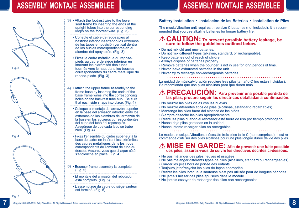 Assembly montaje assemblee, Caution, Precaución | Mise en garde | BabyTrend BC20404 - TREND EZ BOUNCER - TOSSED ANIMALS User Manual | Page 5 / 10