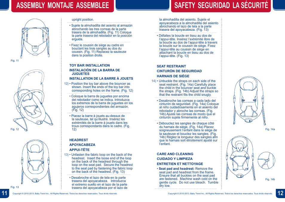 Assembly montaje assemblee, Safety seguridad la sécurité | BabyTrend BC20404 - TREND EZ BOUNCER - TOSSED ANIMALS User Manual | Page 7 / 10