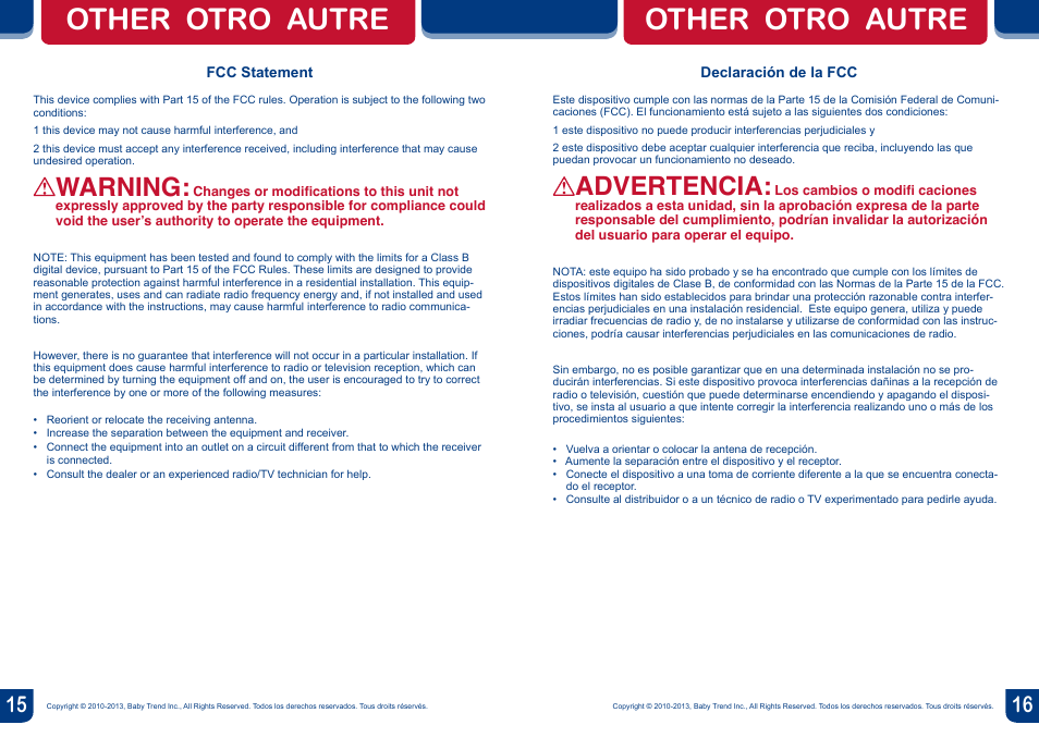 Other otro autre, Warning, Advertencia | BabyTrend BC20404 - TREND EZ BOUNCER - TOSSED ANIMALS User Manual | Page 9 / 10