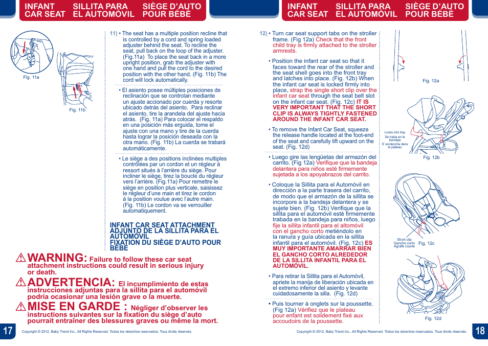 Warning, Advertencia, Mise en garde | BabyTrend TS20050 - EZ RIDE TRAVEL SYSTEM - ECLIPSE User Manual | Page 10 / 12
