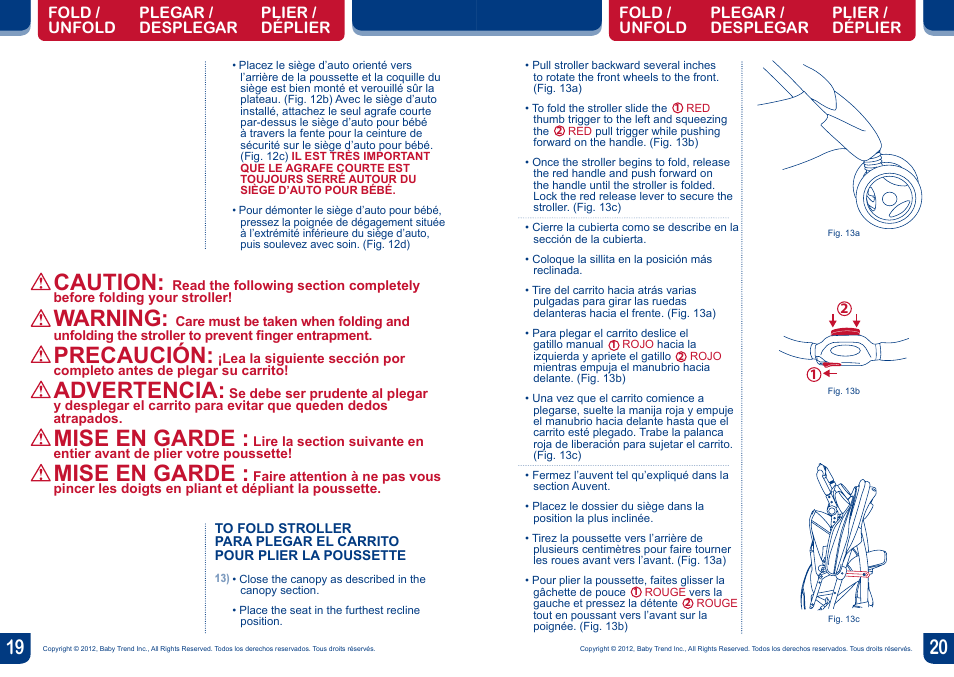 Caution, Warning, Precaución | Advertencia, Mise en garde | BabyTrend TS20050 - EZ RIDE TRAVEL SYSTEM - ECLIPSE User Manual | Page 11 / 12