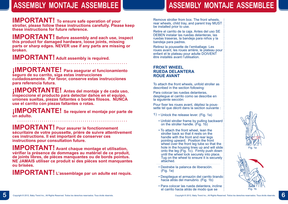 Assembly montaje assemblee, Important, Importante | BabyTrend TS20050 - EZ RIDE TRAVEL SYSTEM - ECLIPSE User Manual | Page 4 / 12