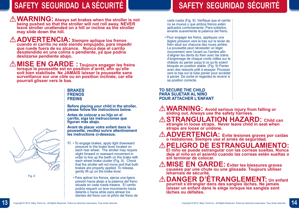 Safety seguridad la sécurité, Safety seguridad sécurité, Warning | Advertencia, Mise en garde, Strangulation hazard, Peligro de estrangulamiento, Danger d’étranglement | BabyTrend TS20050 - EZ RIDE TRAVEL SYSTEM - ECLIPSE User Manual | Page 8 / 12