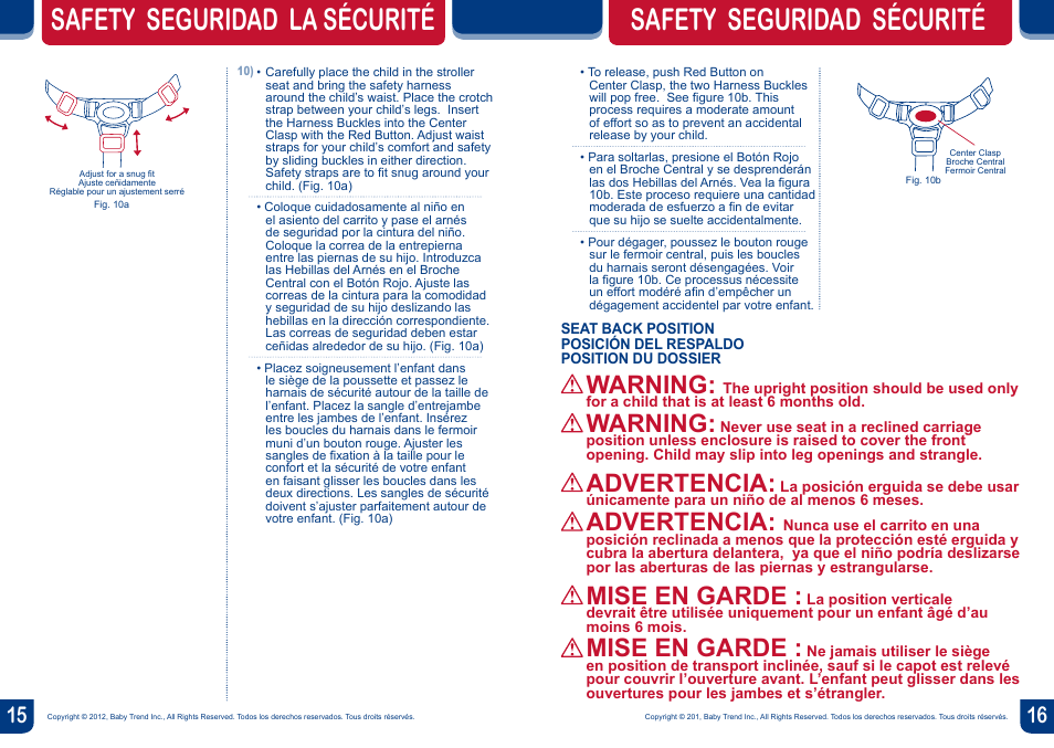 Safety seguridad la sécurité, Safety seguridad sécurité, Warning | Advertencia, Mise en garde | BabyTrend TS20050 - EZ RIDE TRAVEL SYSTEM - ECLIPSE User Manual | Page 9 / 12