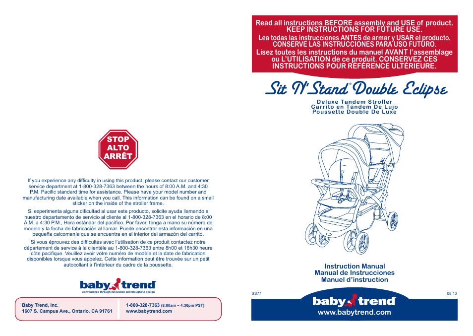 BabyTrend SS77718 - SIT N' STAND DOUBLE ECLIPSE STROLLER - SPARK User Manual | 18 pages