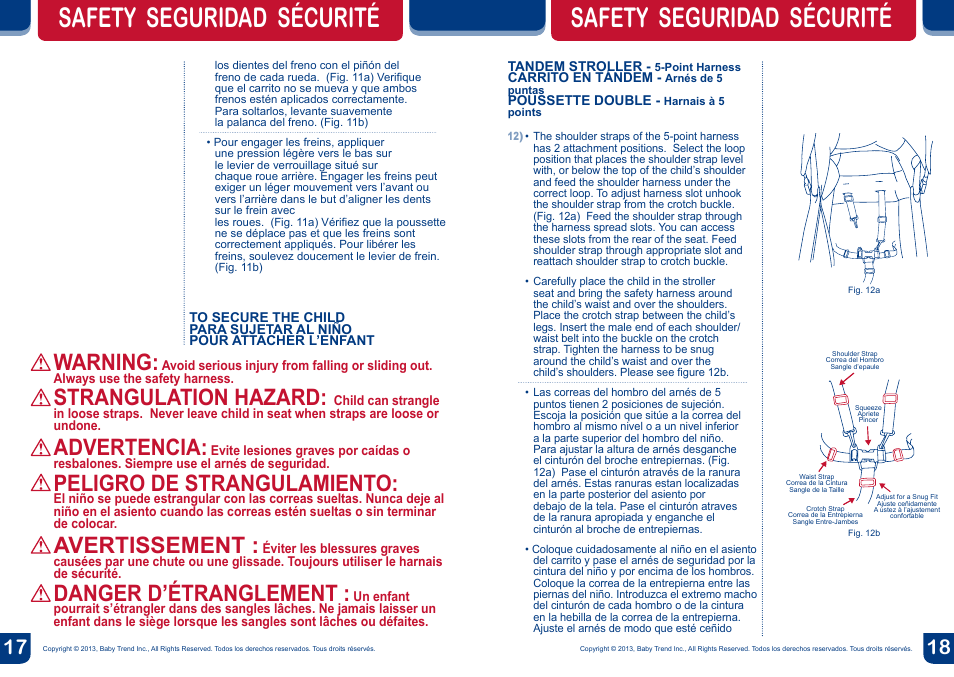 Safety seguridad sécurité, Warning, Strangulation hazard | Advertencia, Peligro de strangulamiento, Avertissement, Danger d’étranglement | BabyTrend SS77718 - SIT N' STAND DOUBLE ECLIPSE STROLLER - SPARK User Manual | Page 10 / 18
