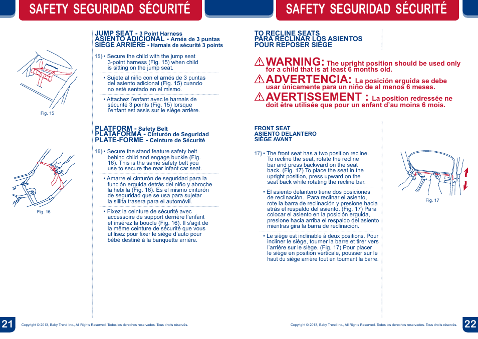 Safety seguridad sécurité, Warning, Advertencia | Avertissement | BabyTrend SS77718 - SIT N' STAND DOUBLE ECLIPSE STROLLER - SPARK User Manual | Page 12 / 18