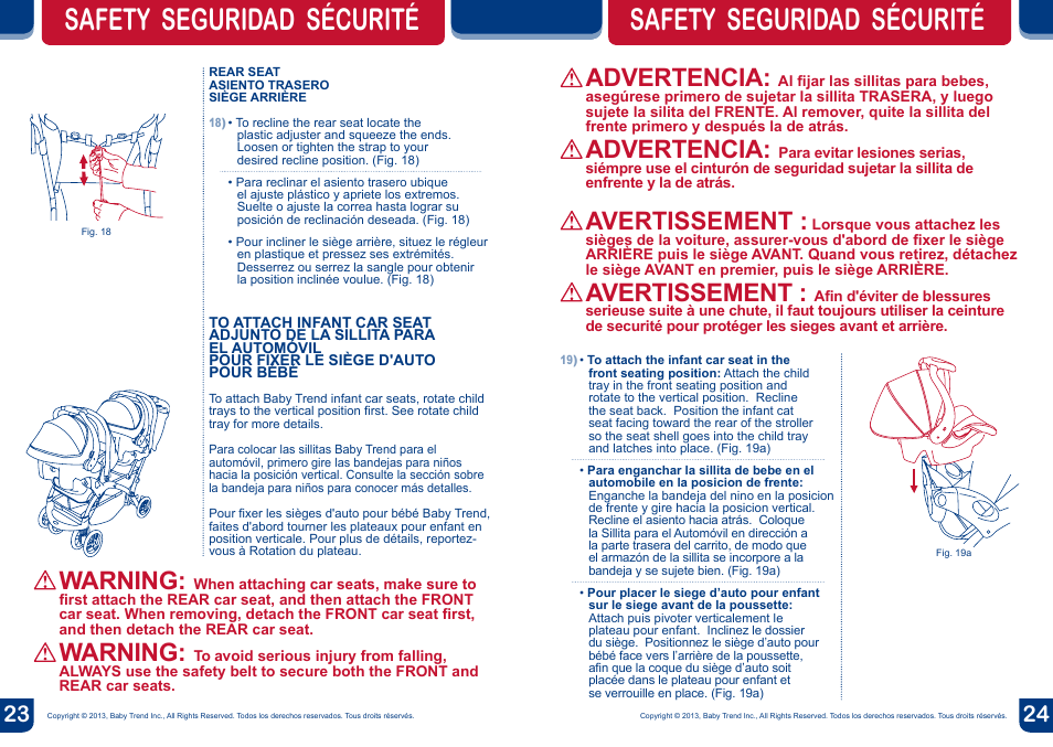 Warning, Safety seguridad sécurité, Advertencia | Avertissement | BabyTrend SS77718 - SIT N' STAND DOUBLE ECLIPSE STROLLER - SPARK User Manual | Page 13 / 18
