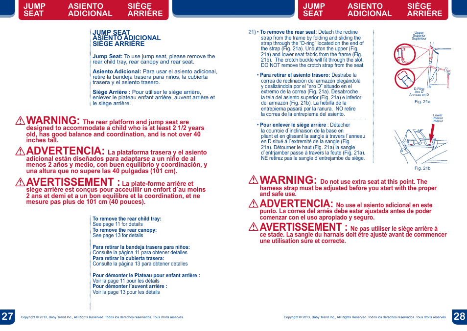 Warning, Advertencia, Avertissement | BabyTrend SS77718 - SIT N' STAND DOUBLE ECLIPSE STROLLER - SPARK User Manual | Page 15 / 18