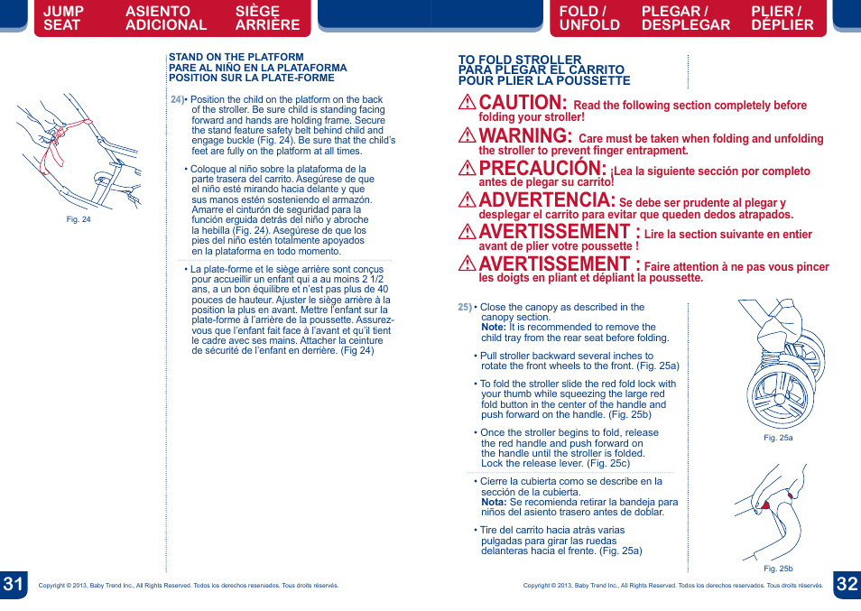Warning, Caution, Precaución | Advertencia, Avertissement | BabyTrend SS77718 - SIT N' STAND DOUBLE ECLIPSE STROLLER - SPARK User Manual | Page 17 / 18