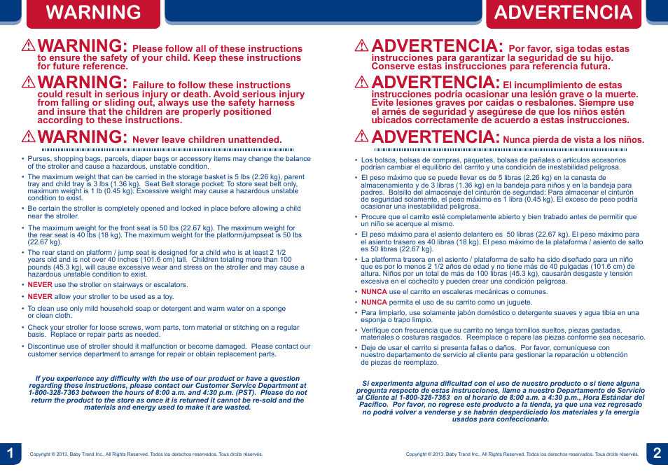 Warning, Advertencia | BabyTrend SS77718 - SIT N' STAND DOUBLE ECLIPSE STROLLER - SPARK User Manual | Page 2 / 18
