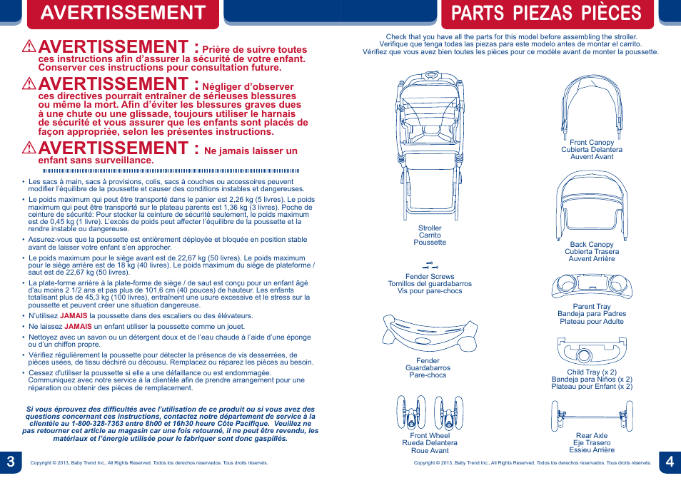 Parts piezas pièces, Avertissement | BabyTrend SS77718 - SIT N' STAND DOUBLE ECLIPSE STROLLER - SPARK User Manual | Page 3 / 18