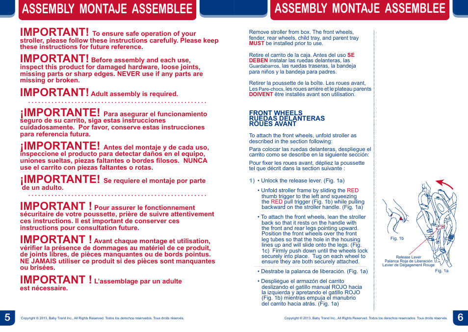 Assembly montaje assemblee, Important, Importante | BabyTrend SS77718 - SIT N' STAND DOUBLE ECLIPSE STROLLER - SPARK User Manual | Page 4 / 18