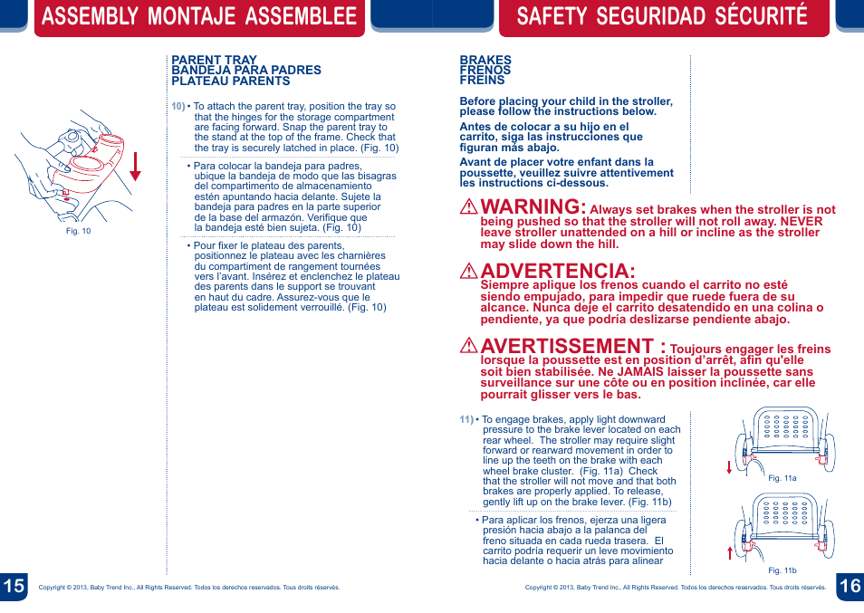 Safety seguridad sécurité, Assembly montaje assemblee, Warning | Advertencia, Avertissement | BabyTrend SS77718 - SIT N' STAND DOUBLE ECLIPSE STROLLER - SPARK User Manual | Page 9 / 18