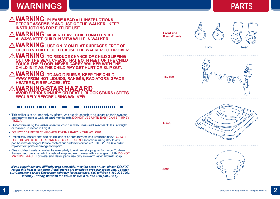 Parts, Warning, Warnings | Warning-stair hazard | BabyTrend WK10980 - TREND WALKER - HELLO KITTY User Manual | Page 2 / 4