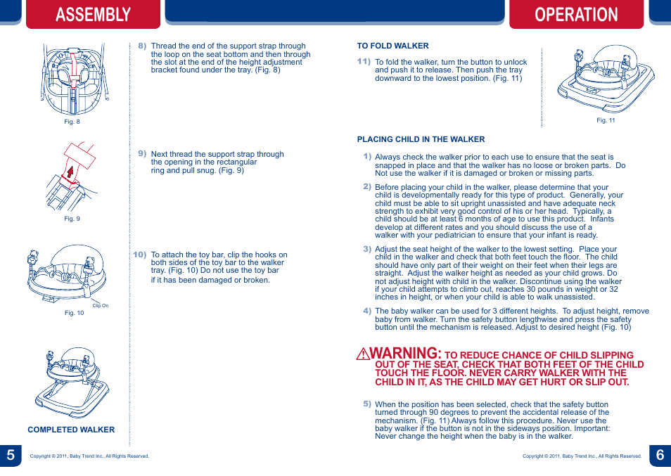 Assembly, Operation, Warning | BabyTrend WK10980 - TREND WALKER - HELLO KITTY User Manual | Page 4 / 4