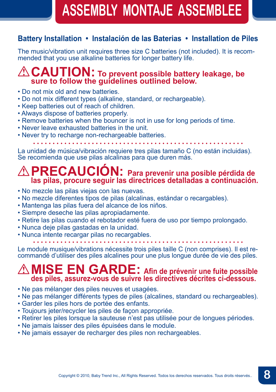 Assembly montaje assemblee, Caution, Precaución | Mise en garde | BabyTrend BC20990 - TREND EZ BOUNCER - MONKEY AROUND User Manual | Page 10 / 20
