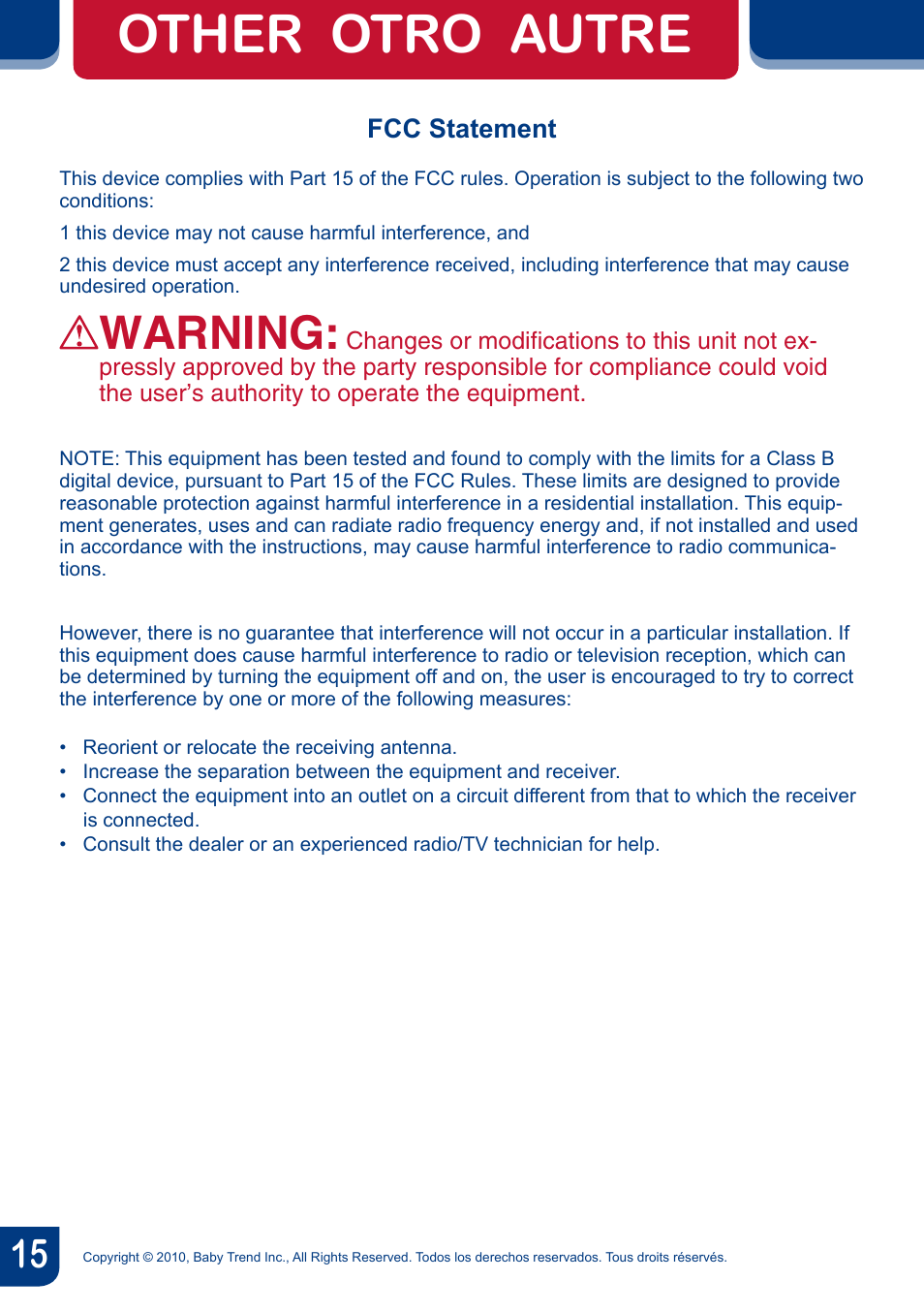 Other otro autre, Warning, Fcc statement | BabyTrend BC20990 - TREND EZ BOUNCER - MONKEY AROUND User Manual | Page 17 / 20