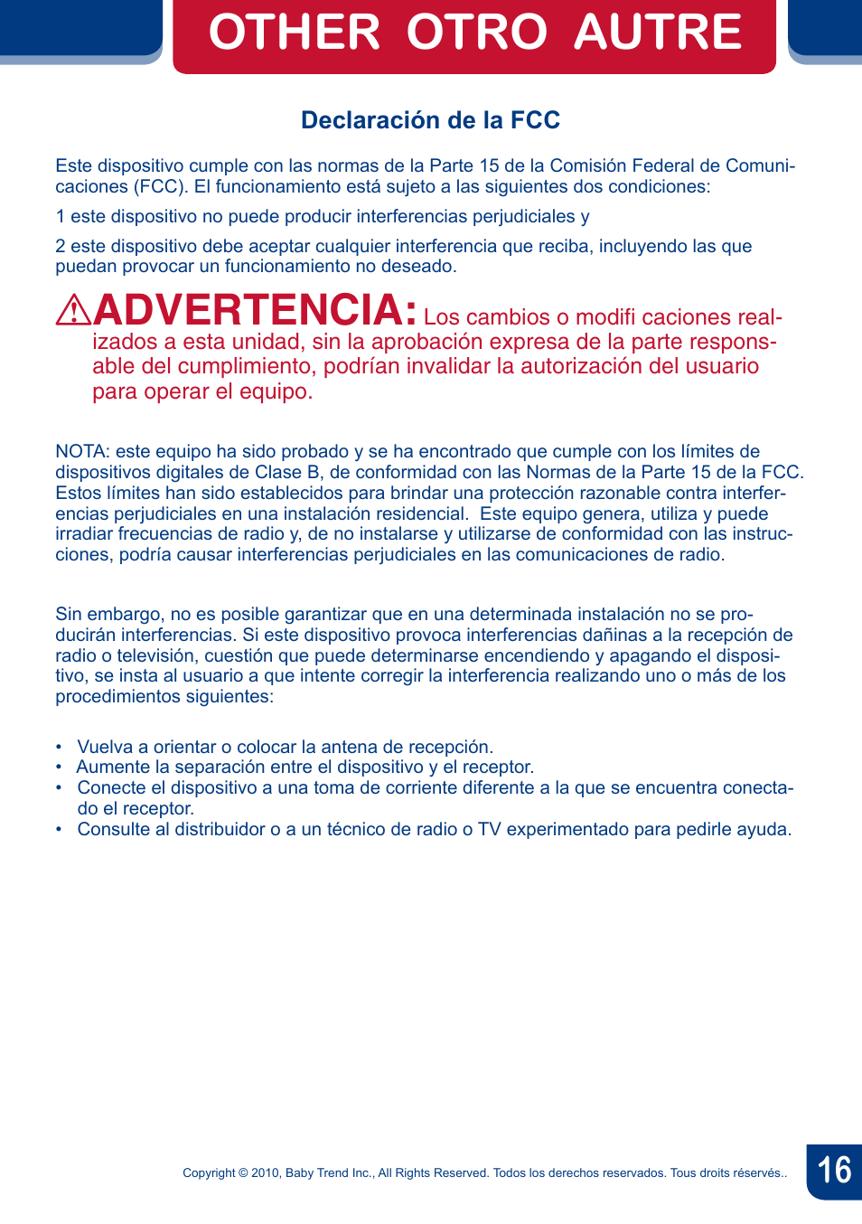 Other otro autre, Advertencia, Declaración de la fcc | BabyTrend BC20990 - TREND EZ BOUNCER - MONKEY AROUND User Manual | Page 18 / 20