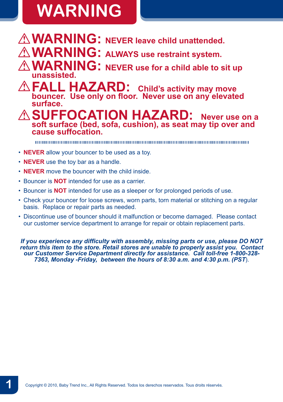 Warning, Fall hazard, Suffocation hazard | BabyTrend BC20990 - TREND EZ BOUNCER - MONKEY AROUND User Manual | Page 3 / 20