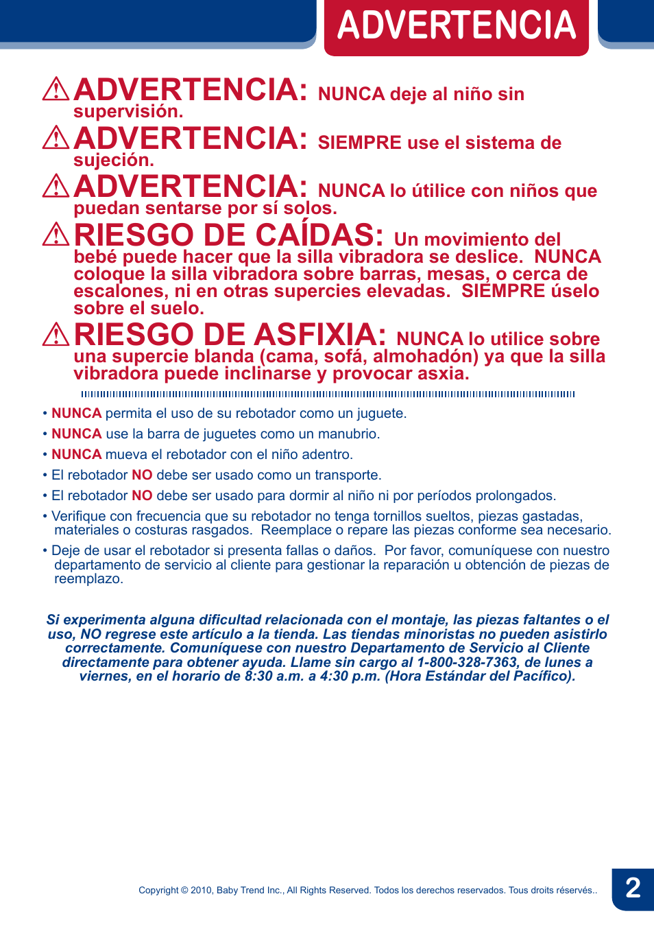 Advertencia, Riesgo de caídas, Riesgo de asfixia | BabyTrend BC20990 - TREND EZ BOUNCER - MONKEY AROUND User Manual | Page 4 / 20
